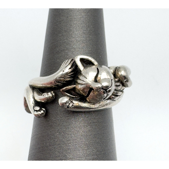Cat Ring Silver Tone Figural Wrap Around Size 7 Kitten Feline - Picture 1 of 5